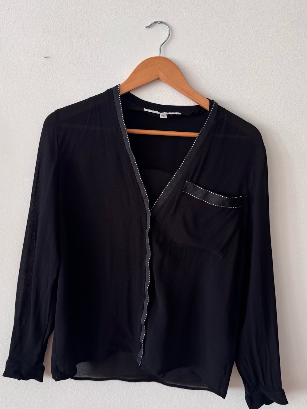 Guess Black Long-Sleeve V-Neck Blouse with Stitch Trim